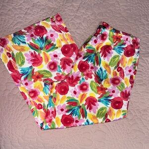 Nicole Miller White Floral Print Pants with Red, Pink, Yellow & Green Accents